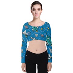 About Space Seamless Pattern Velvet Long Sleeve Crop Top by Hannah976