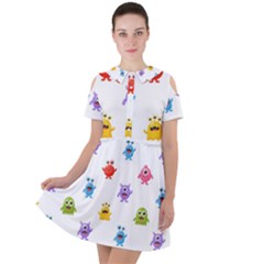 Seamless Pattern Cute Funny Monster Cartoon Isolated White Background Short Sleeve Shoulder Cut Out Dress  by Hannah976