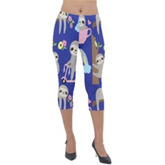 Hand Drawn Cute Sloth Pattern Background Lightweight Velour Capri Leggings  by Hannah976