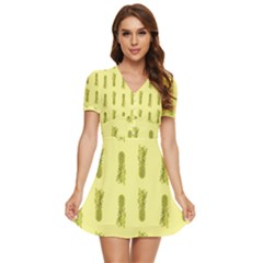 Yellow Pineapple V-neck High Waist Chiffon Mini Dress by ConteMonfrey