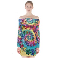 Grateful Dead Bears Tie Dye Vibrant Spiral Long Sleeve Off Shoulder Dress by Bedest