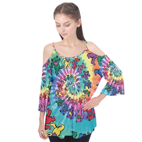 Grateful Dead Bears Tie Dye Vibrant Spiral Flutter Sleeve T-shirt  by Bedest