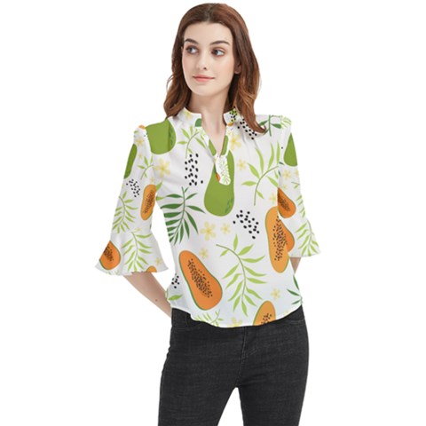 Seamless Tropical Pattern With Papaya Loose Horn Sleeve Chiffon Blouse by Ravend