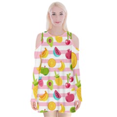 Tropical Fruits Berries Seamless Pattern Velvet Long Sleeve Shoulder Cutout Dress by Ravend