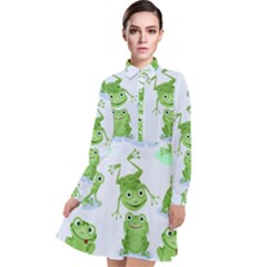 Cute Green Frogs Seamless Pattern Long Sleeve Chiffon Shirt Dress by Ravend