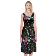 Embroidery Trend Floral Pattern Small Branches Herb Rose Midi Sleeveless Dress by Apen