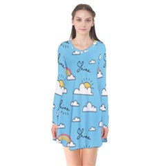 Seamless Pattern Vector Owl Cartoon With Bugs Long Sleeve V-neck Flare Dress by Apen