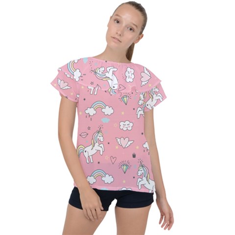 Cute Unicorn Seamless Pattern Ruffle Collar Chiffon Blouse by Apen