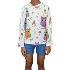 Forest Seamless Pattern With Cute Owls Kids  Long Sleeve Swimwear by Apen