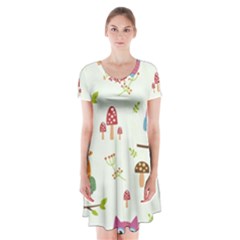 Forest Seamless Pattern With Cute Owls Short Sleeve V-neck Flare Dress by Apen