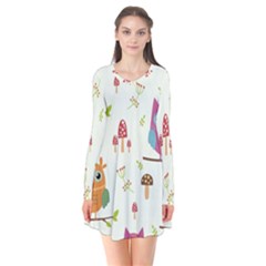 Forest Seamless Pattern With Cute Owls Long Sleeve V-neck Flare Dress by Apen