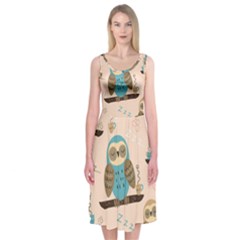 Seamless Pattern Owls Dream Cute Style Pajama Fabric Midi Sleeveless Dress by Apen