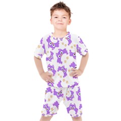 Purple Owl Pattern Background Kids  T-shirt And Shorts Set by Apen