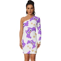 Purple Owl Pattern Background Long Sleeve One Shoulder Mini Dress by Apen