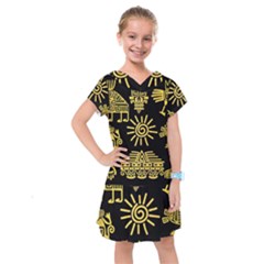 Maya Style Gold Linear Totem Icons Kids  Drop Waist Dress by Apen