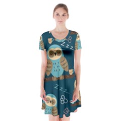 Seamless Pattern Owls Dreaming Short Sleeve V-neck Flare Dress by Apen