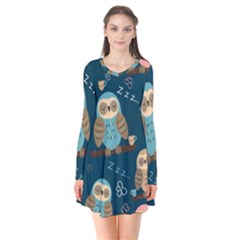 Seamless Pattern Owls Dreaming Long Sleeve V-neck Flare Dress by Apen