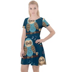 Seamless Pattern Owls Dreaming Cap Sleeve Velour Dress  by Apen