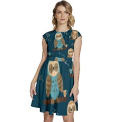 Seamless Pattern Owls Dreaming Cap Sleeve High Waist Dress by Apen