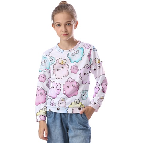 Cute Doodle Cartoon Seamless Pattern Kids  Long Sleeve T-shirt With Frill  by Apen