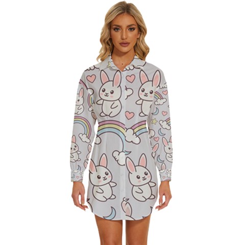 Seamless Pattern With Cute Rabbit Character Womens Long Sleeve Shirt Dress by Apen