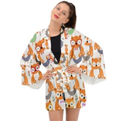 Cute Colorful Owl Cartoon Seamless Pattern Long Sleeve Kimono by Apen