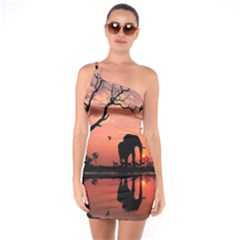 Elephant Landscape Tree Africa Sunset Safari Wild One Shoulder Ring Trim Bodycon Dress by Jatiart