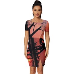 Elephant Landscape Tree Africa Sunset Safari Wild Fitted Knot Split End Bodycon Dress by Jatiart