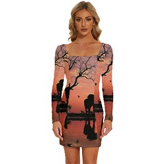 Elephant Landscape Tree Africa Sunset Safari Wild Long Sleeve Square Neck Bodycon Velvet Dress by Jatiart