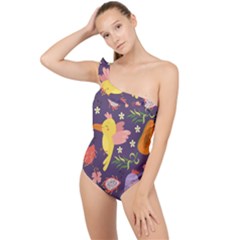 Exotic Seamless Pattern With Parrots Fruits Frilly One Shoulder Swimsuit by Ravend