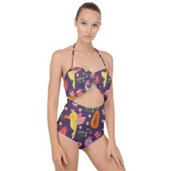 Exotic Seamless Pattern With Parrots Fruits Scallop Top Cut Out Swimsuit by Ravend