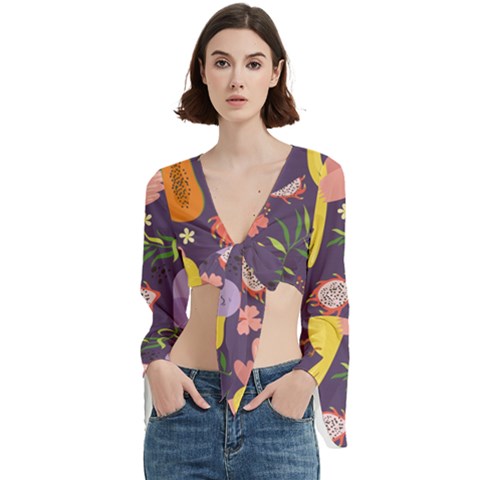 Exotic Seamless Pattern With Parrots Fruits Trumpet Sleeve Cropped Top by Ravend