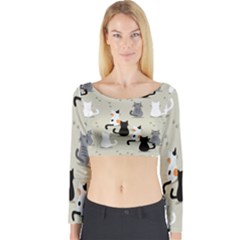 Cute Cat Seamless Pattern Long Sleeve Crop Top by Ravend