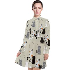 Cute Cat Seamless Pattern Long Sleeve Chiffon Shirt Dress by Ravend