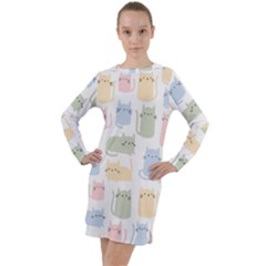 Cute Cat Colorful Cartoon Doodle Seamless Pattern Long Sleeve Hoodie Dress by Ravend