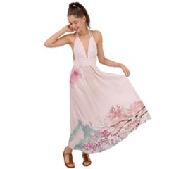 Pink Chinese Style Cherry Blossom Backless Maxi Beach Dress by Cendanart