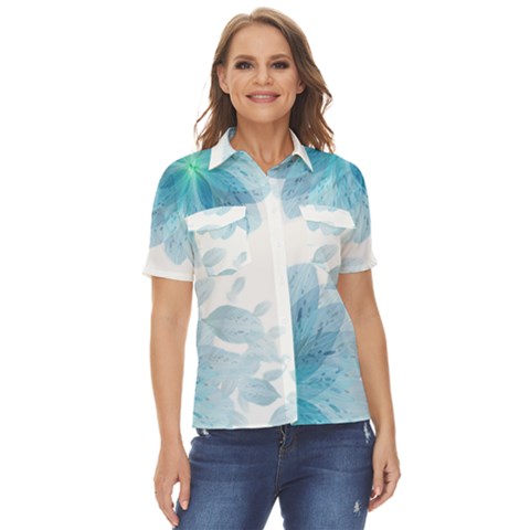 Blue-flower Women s Short Sleeve Double Pocket Shirt by saad11