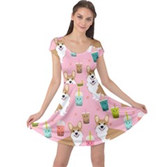 Corgi Bubble Boba Tea Pink Pattern Cap Sleeve Dress by Cendanart