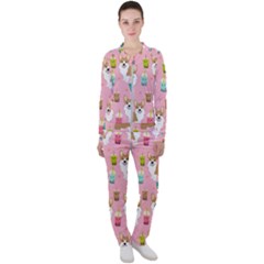 Corgi Bubble Boba Tea Pink Pattern Casual Jacket And Pants Set by Cendanart