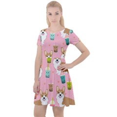 Corgi Bubble Boba Tea Pink Pattern Cap Sleeve Velour Dress  by Cendanart