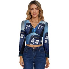 Tardis Doctor Who Space Blue Long Sleeve V-neck Top by Cendanart