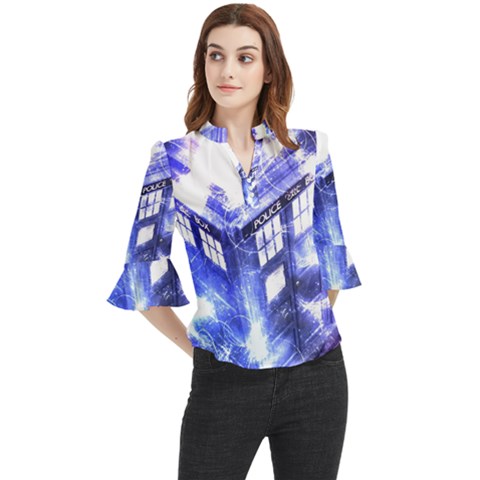 Tardis Doctor Who Blue Travel Machine Loose Horn Sleeve Chiffon Blouse by Cendanart