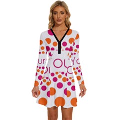 Be Yourself Pink Orange Dots Circular Long Sleeve Deep V Mini Dress  by Ket1n9