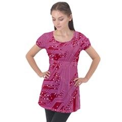 Pink Circuit Pattern Puff Sleeve Tunic Top by Ket1n9