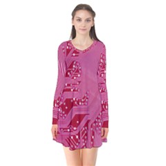 Pink Circuit Pattern Long Sleeve V-neck Flare Dress by Ket1n9