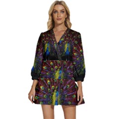 Beautiful Peacock Feather V-neck Placket Mini Dress by Ket1n9