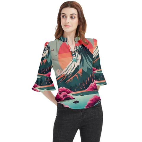 Mountain Landscape Sky Fuji Nature Loose Horn Sleeve Chiffon Blouse by Cendanart