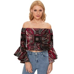 Chip Retro Technology Off Shoulder Flutter Bell Sleeve Top by Cendanart