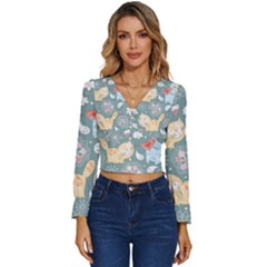 Cute Cat Background Pattern Long Sleeve V-neck Top by Ket1n9