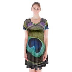 Peacock Feather Short Sleeve V-neck Flare Dress by Ket1n9